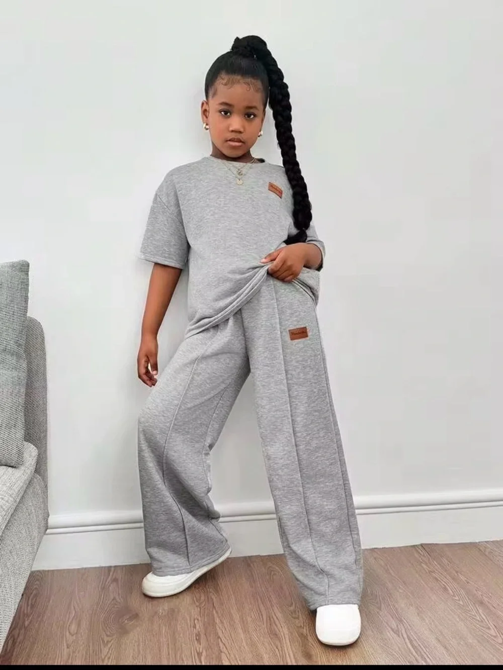 SHEIN Grey Kids Matching Wide-Leg Sweat Set